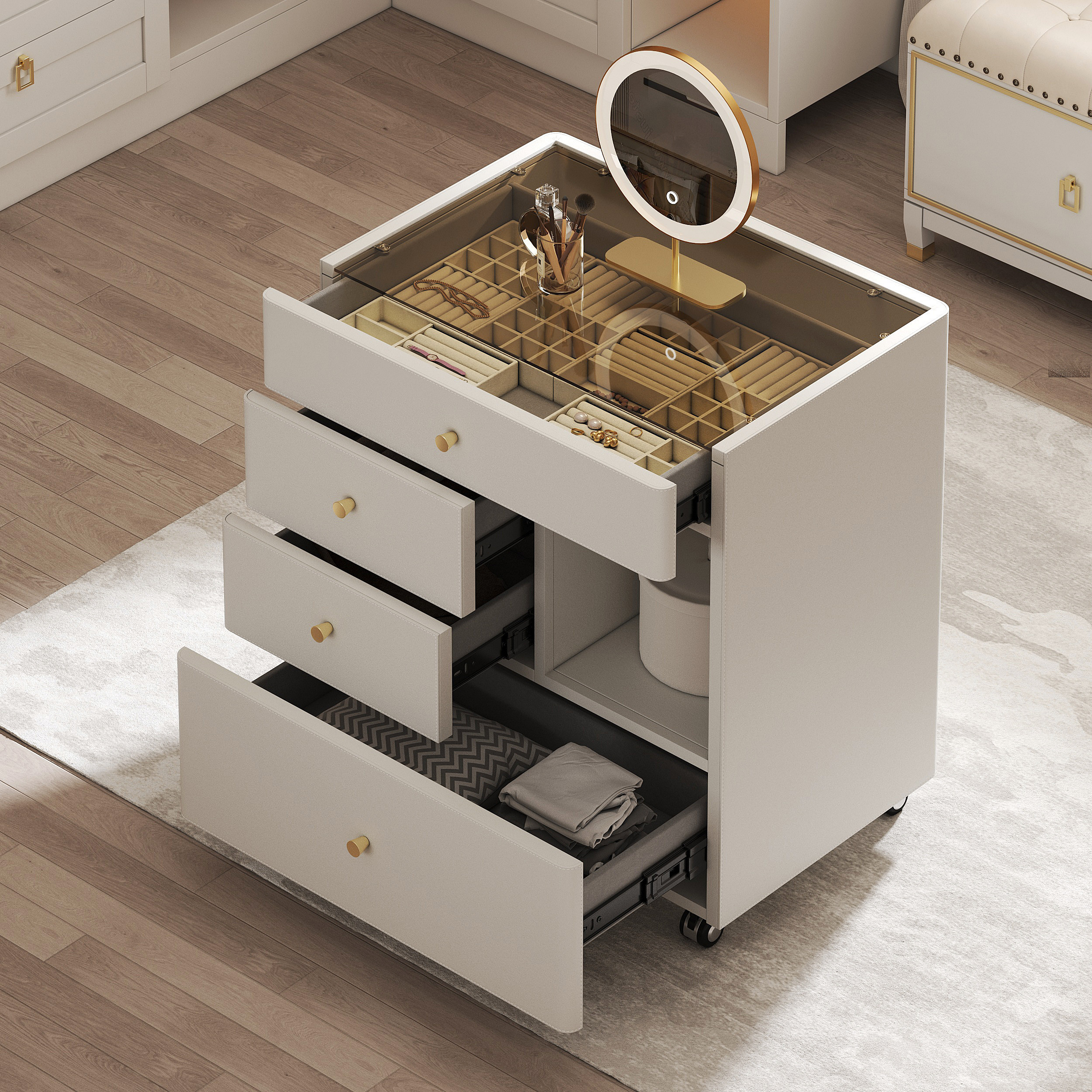 Saddle Leather Walk-In Closet Island Jewelry Dresser with Glass Top | Homary