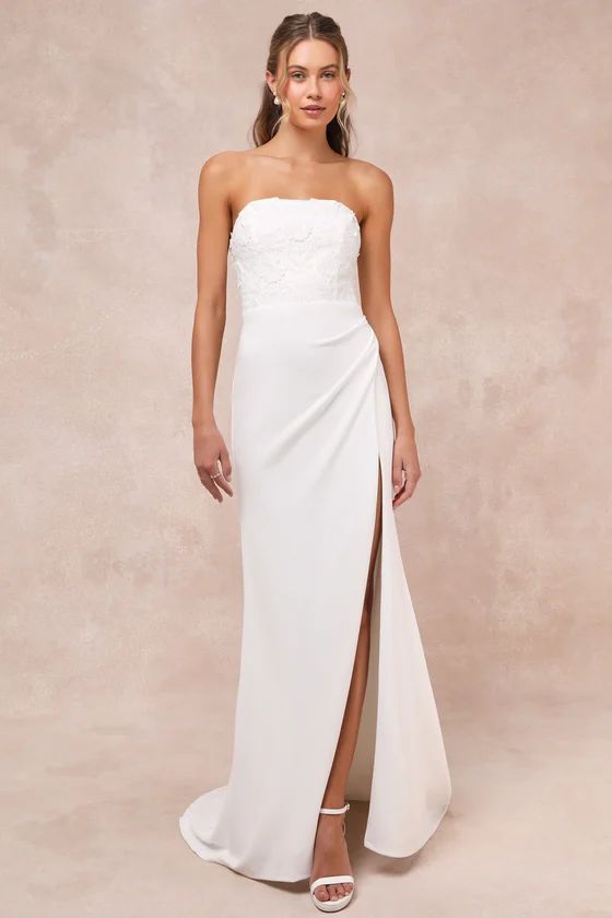 Refined Glow White 3D Embroidered Sequin Strapless Maxi Dress | Lulus