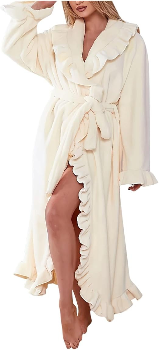 Oplxuo Fuzzy Robe for Women Cute Ruffle Plush Soft Long Sleeve Robes Fluffy Warm Fleece Long Bath... | Amazon (US)