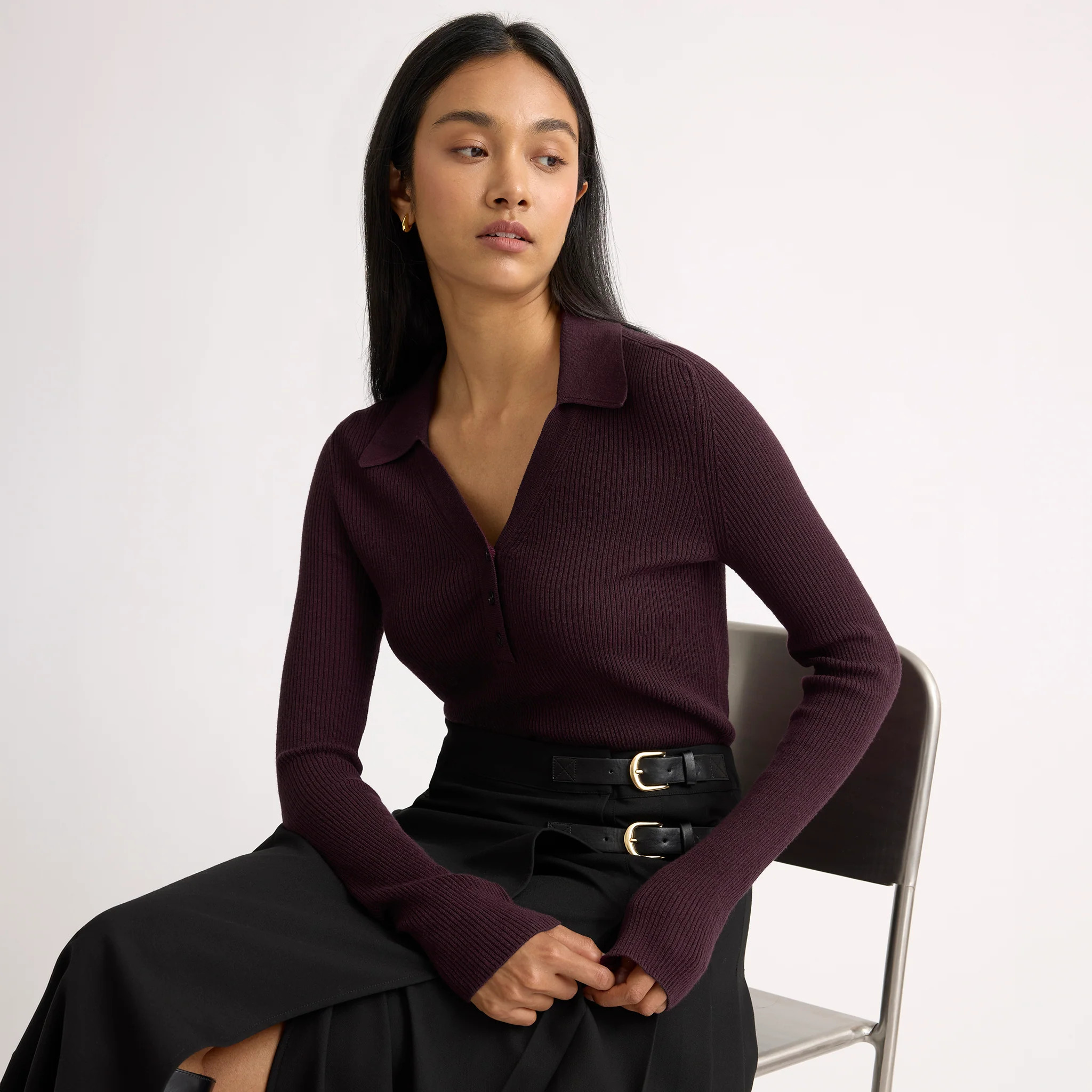 Burgundy Rib V Neck Top with Collar | Albaray