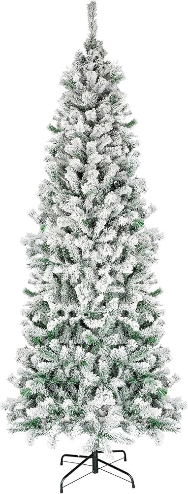 BROVIEW 7.5ft Snow Flocked Pencil Christmas Tree, Artificial Slim Corner Xmas Tree Unlit with 641... | Amazon (US)