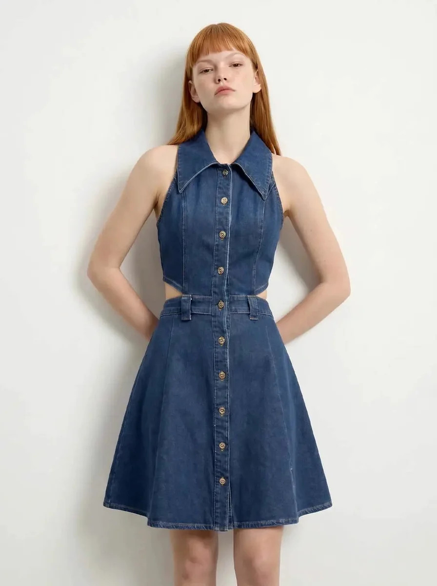 Sleeveless Shirt Collar Cutout Button Front Mini Denim Dress | Urban Revivo