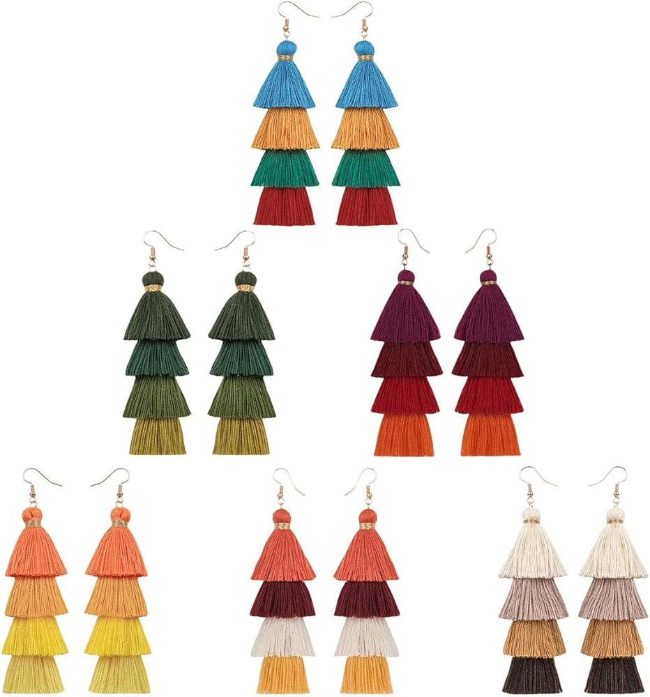 Eigso Women 3-9 Pairs Colorful Long Tassel Thread Ball Dangle Earrings Boho Black Red Sequin Drop... | Amazon (US)