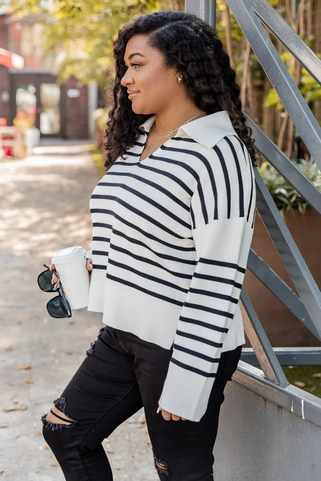 Let's Go Together Black And White Striped Collared V-Neck Sweater | Pink Lily