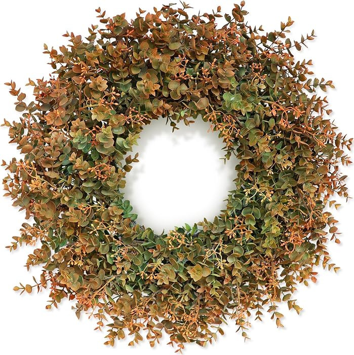 26"Artificial Eucalyptus Wreath with Seed for Front Door Decor(Fall Orange) | Amazon (US)