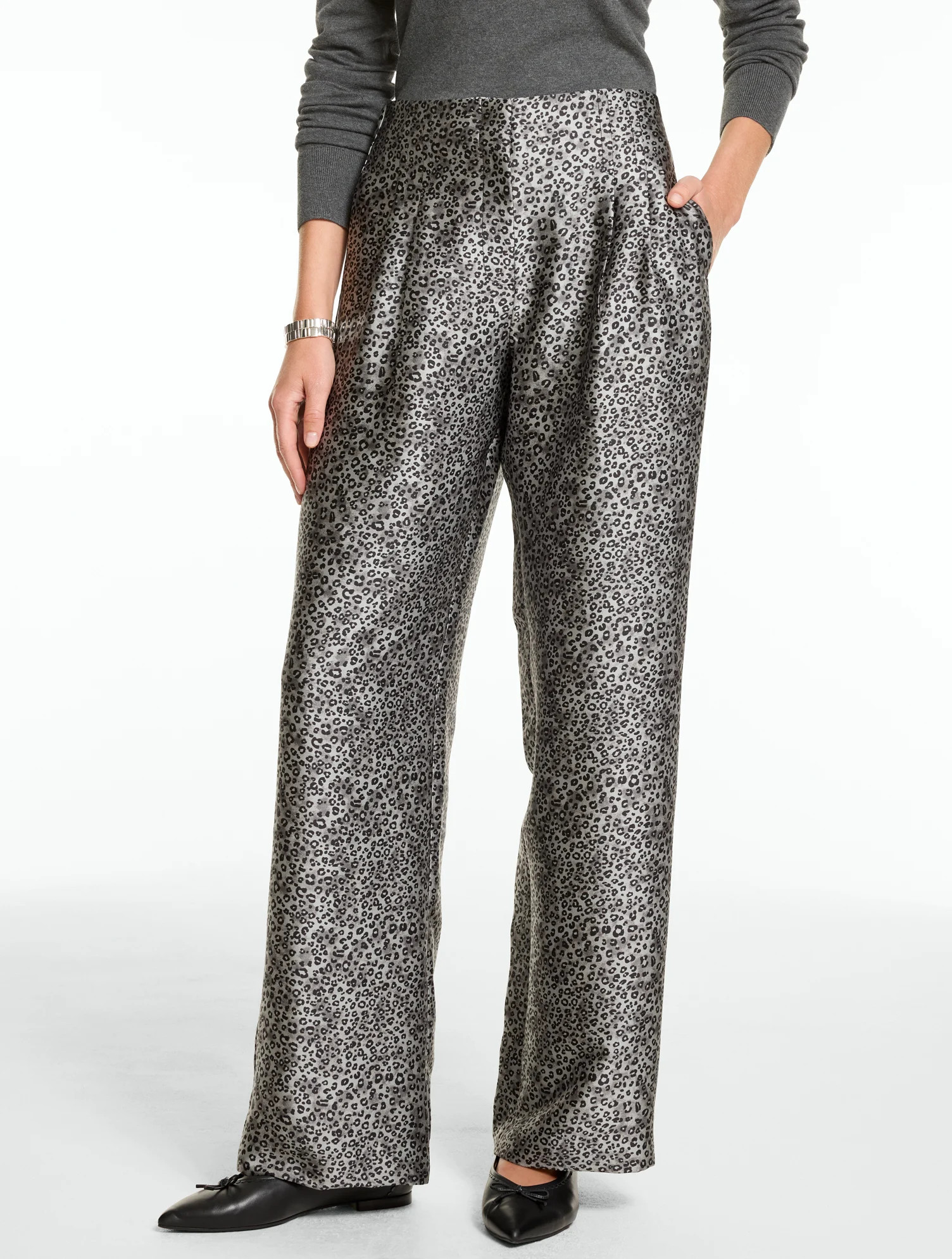 Satin Wide Leg High Waist Pants - Fabulous Leopard - Grey - 12 Talbots | Talbots