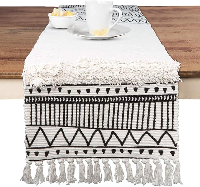 Farmhouse Cotton Table Runner 14 in x 87 in, Arflee Bohemian Moroccan Geometric Handmade Woven Fr... | Amazon (US)