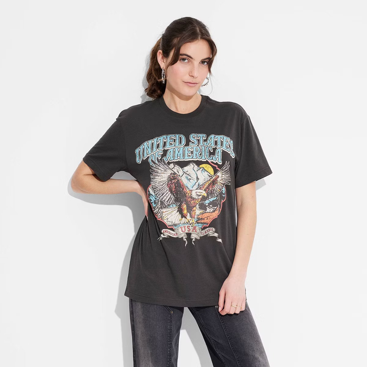 Women's United States of America Eagle Oversized Short Sleeve Graphic T-Shirt - Black | Target