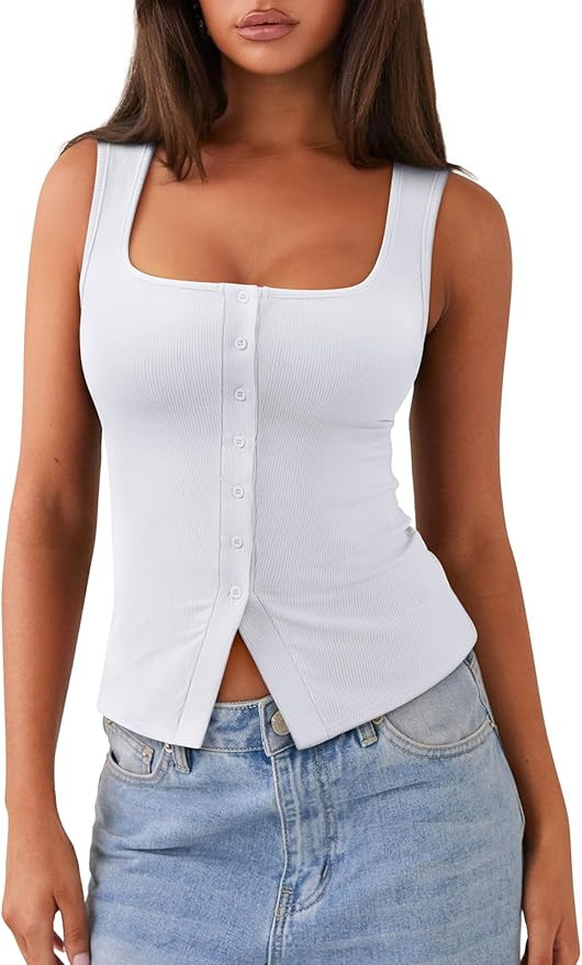 REORIA Women's Sexy Ribbed Button Down Square Neck Tank Tops Trendy Y2K 2026 Summer Sleeveless Go... | Amazon (US)
