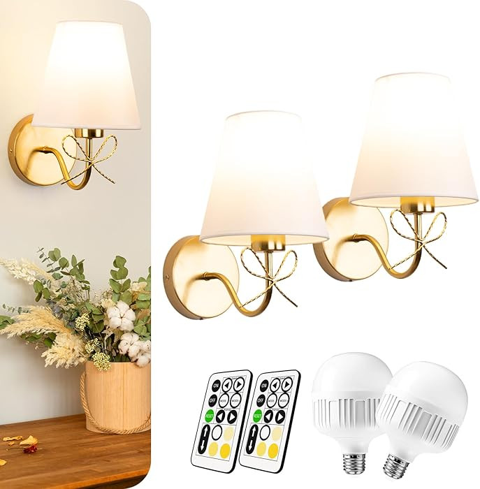 Battery Operated Wall Sconces Lights Set of Two Remote Control, Antique Brass Bow Sconces Recharg... | Amazon (US)