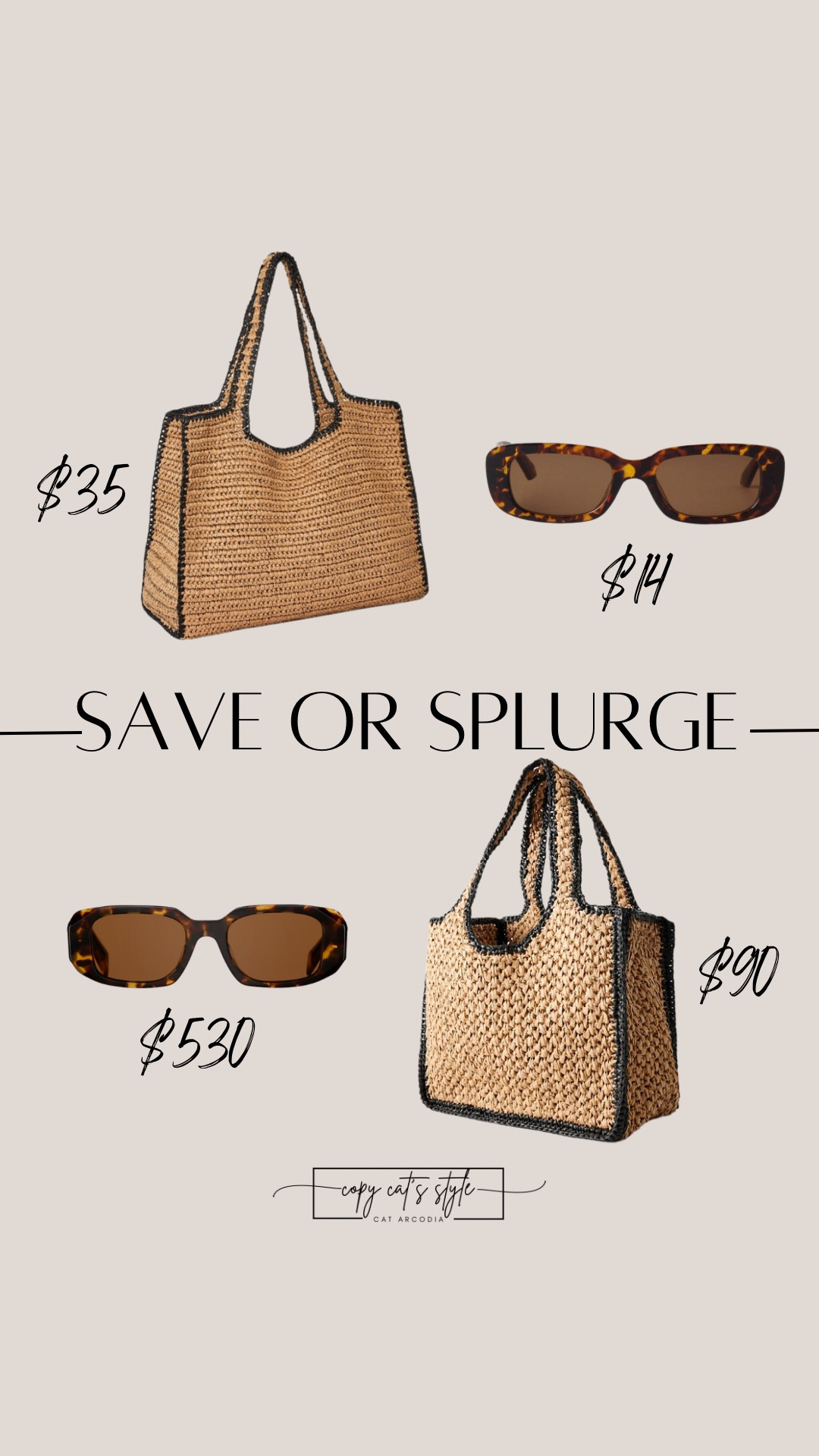 Save or splurge beach bags and designer sunglasses! Look for less Prada sunglasses. Target beach bags. 

#LTKSaleAlert #LTKFindsUnder50 #LTKStyleTip