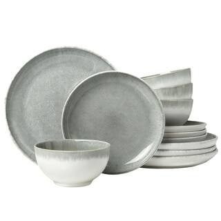 Gradient Green Stoneware Dinnerware Sets, 12-Piece Plates and Bowls Sets, Handmade Ceramic Round Dishes Set for 4 | The Home Depot