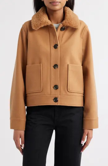 Sam Edelman Crop Jacket with Faux Shearling Collar in Camel at Nordstrom Rack, Size Small | Nordstrom Rack
