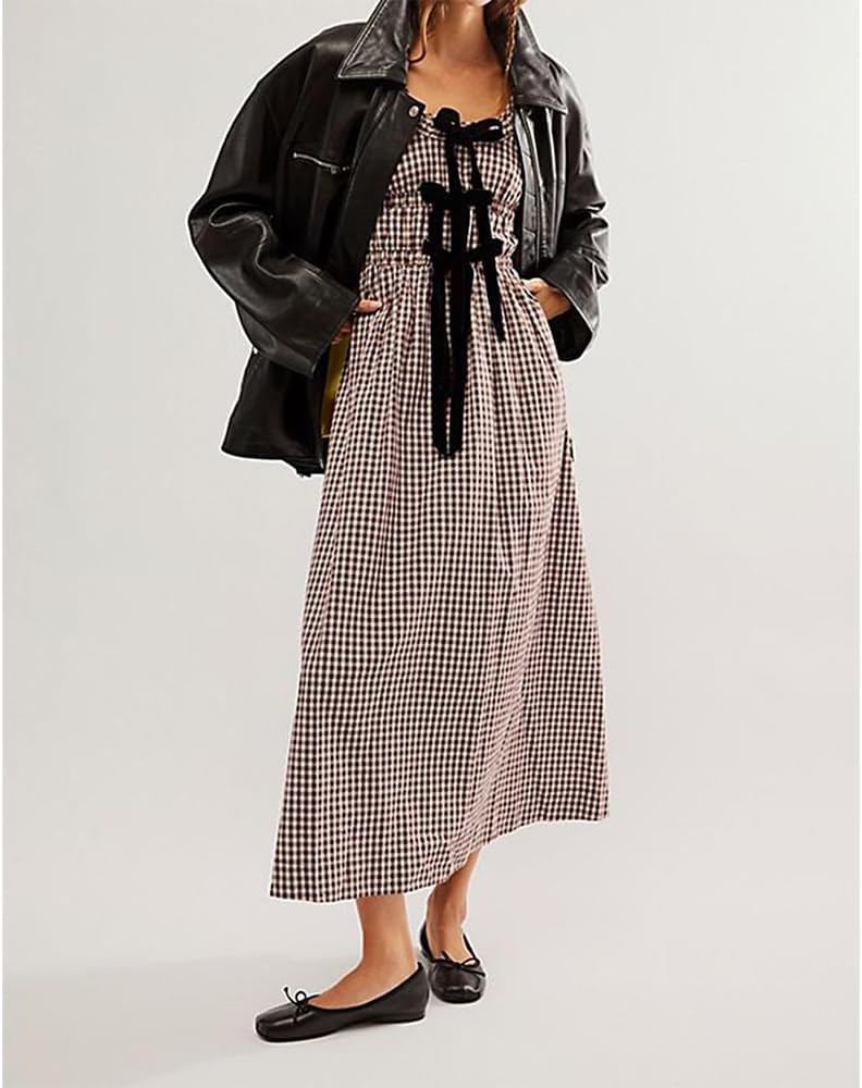 Women Plaid Maxi Dress Long Puff Sleeve Square Neck Flowy Boho Dress Bow Tie Smocked Fall Dresses | Amazon (US)