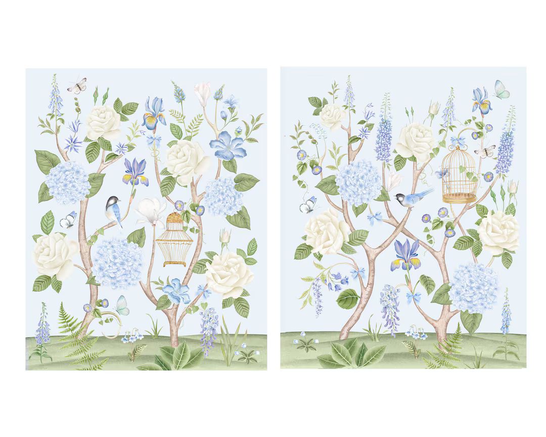 Set of Two Art Prints Chinoiserie Flowers with Birds // Nursery Decor // Girls Room // English Ga... | Etsy (US)