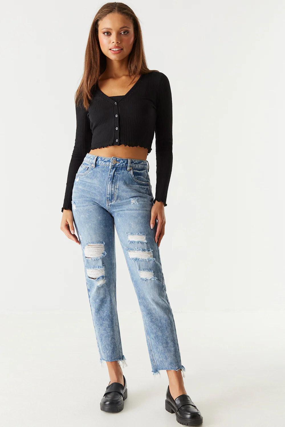 Refuge Ultra High-Rise Distressed Bleached Mom Jean | Charlotte Russe