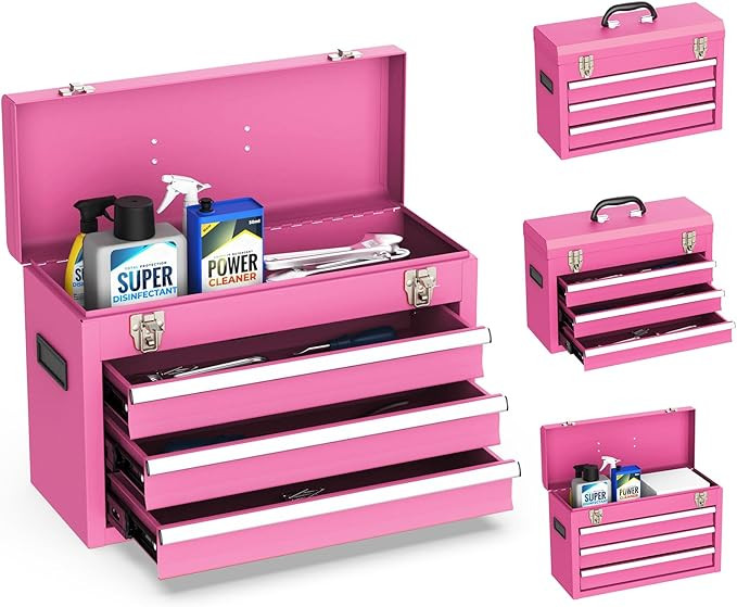 Portable Metal Tool Box, 3 Drawer Steel Tool Box with Top Storage Tray and carrying Handle, Multi... | Amazon (US)