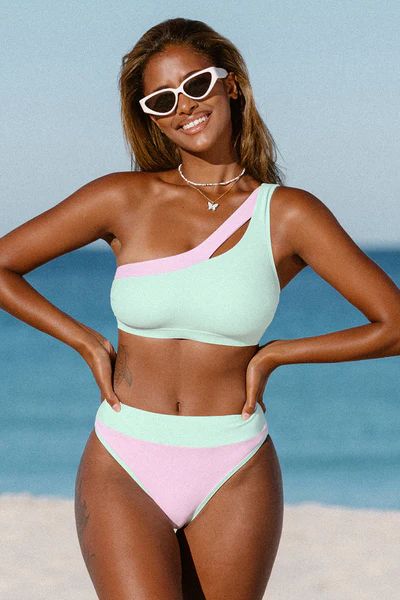 Spring Macaron One Shoulder Cutout And High Waist Bikini Set | Cupshe