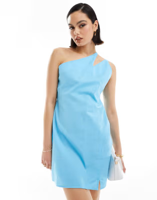 ASOS DESIGN one shoulder slit strap linen look mini sundress in bright blue | ASOS (Global)