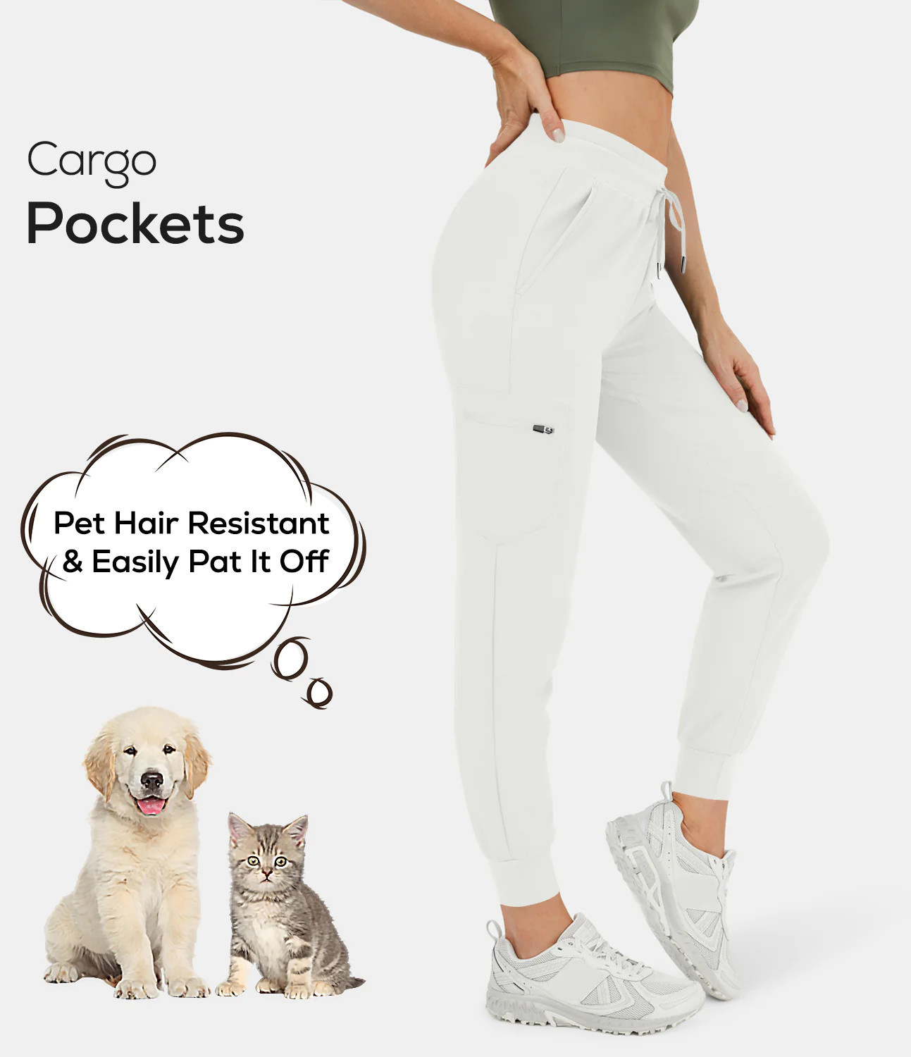 Halara Patitoff™ Flow Pet Hair Resistant High Waisted Drawstring Side Zip Pocket Cargo Joggers - Whi | HALARA
