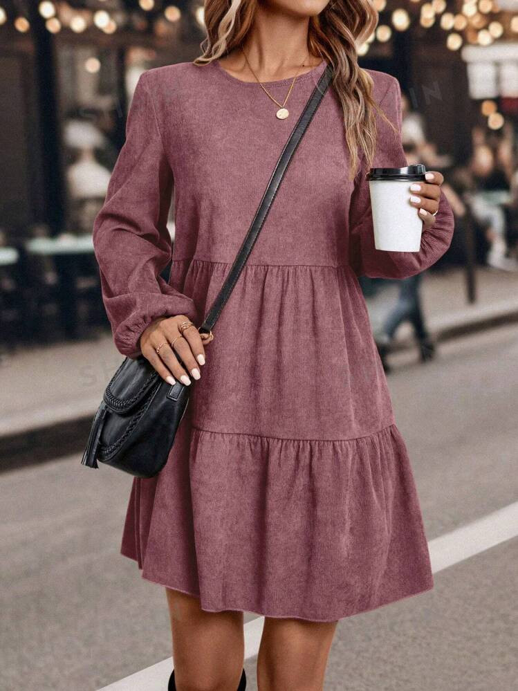 SHEIN Clasi Solid Color Round Neck Long Sleeve Letter Print Casual Mini Dress,Ladies Casual,Cute ... | SHEIN