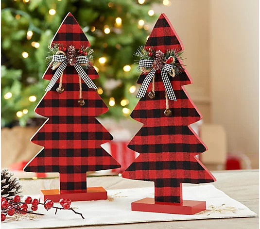 Set of 2 14" Checked Wooden Trees with Ribbon by Valerie - QVC.com | QVC