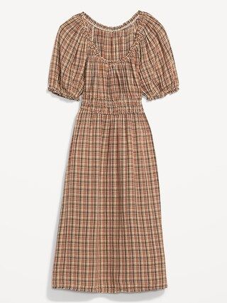 Waist-Defined Puff-Sleeve Plaid Midi Dress for Women | Old Navy (US)