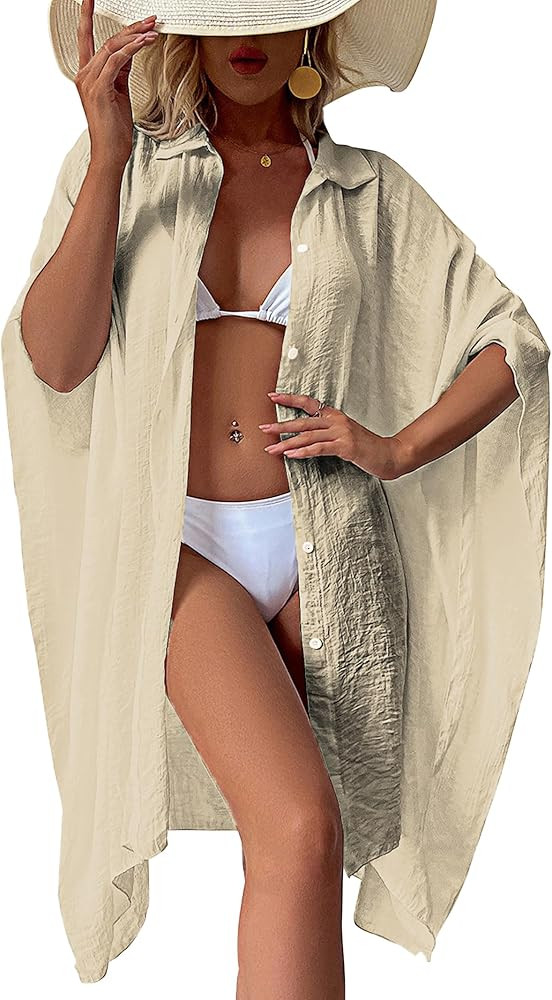 Womens Loose Bathing Suit Cover Ups, Lightweight Beach Swimwear Button Down Shirt Dress Summer Bi... | Amazon (US)