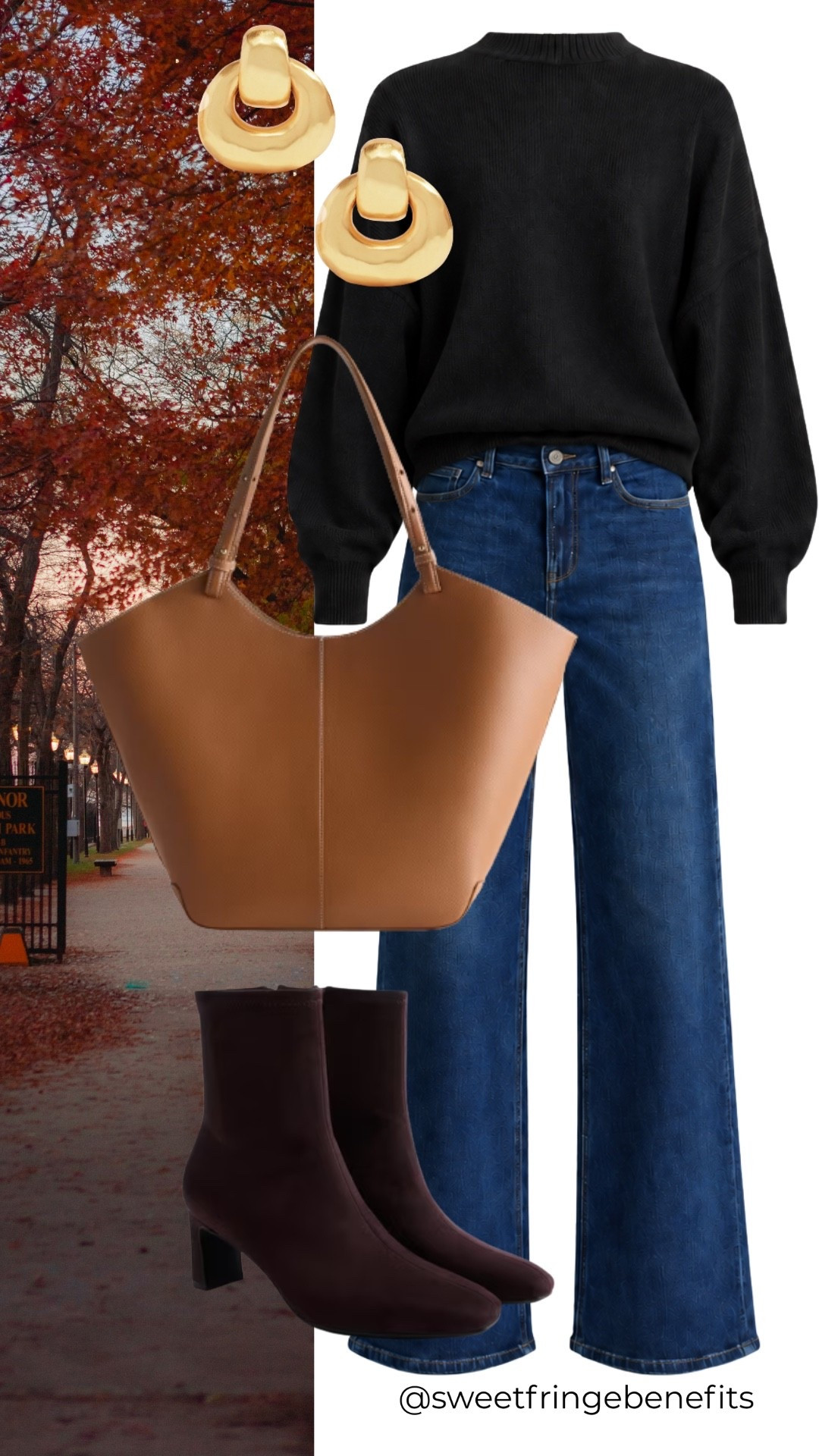 A black sweater and jeans never go out of style, but those chocolate brown boots make this look a little more interesting! Add a great tote, and you're ready for a fall day out.