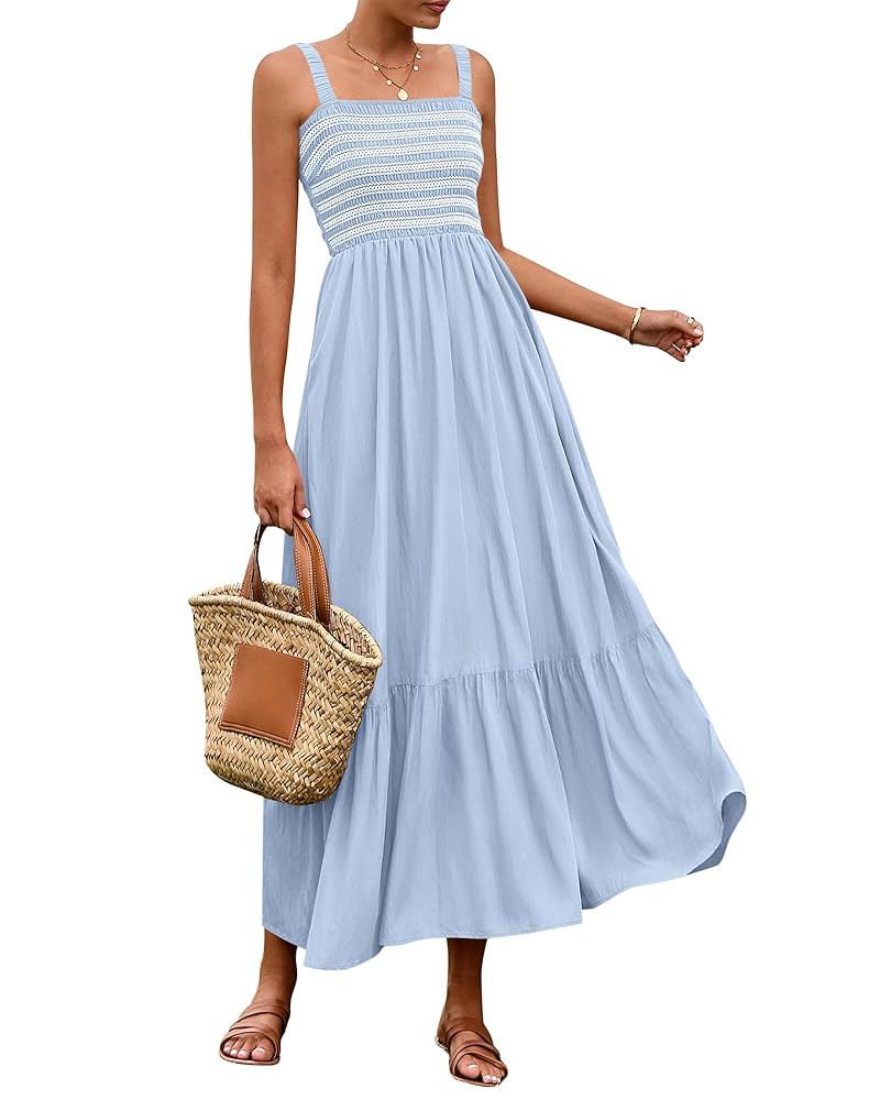 BTFBM Summer Midi Dresses for Women 2025 Spring Sleeveless Square Neck Smocked Flowy Long Beach V... | Amazon (US)