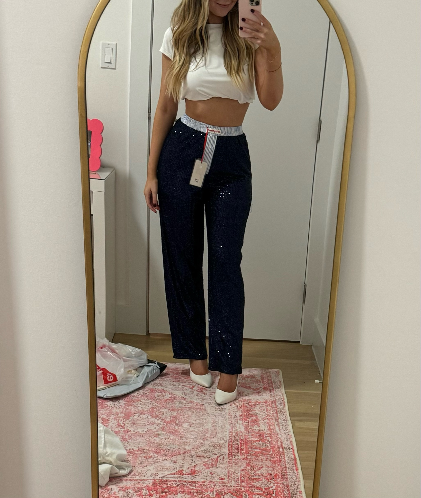 these pants!!!! ✨ so perfect for holiday parties 

sequin pants | holiday party outfit | nye outfit | christmas eve outfit | birthday outfit | navy sequins | boxer pants | statement pants | cropped white t shirt | white pumps | sam edelman pumps  

#LTKHoliday