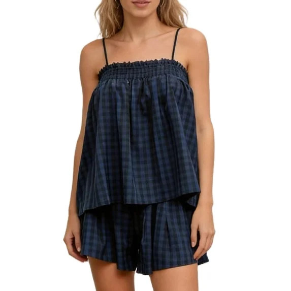 Stralyhd Womens Two Piece Plaid Sets Summer Gingham Short Sets Peplum Camisole Tops Outfits Blue ... | Walmart (US)