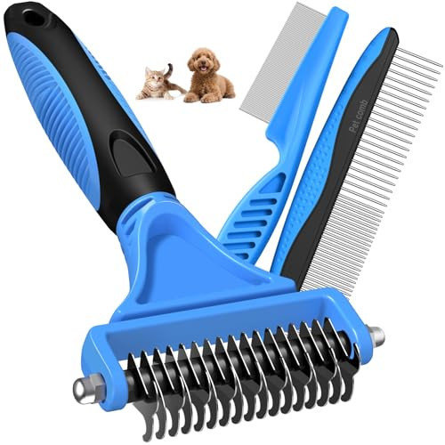 3PCS Pet Grooming Rake & Metal Comb & Flea Comb for Cats and Dogs, Double-Sided Dematting Tool, Extra-Wide Deshedding Dog Brush for Long Hair to Effectively Remove Tangles, Knots and Mats (Blue) | Amazon (US)
