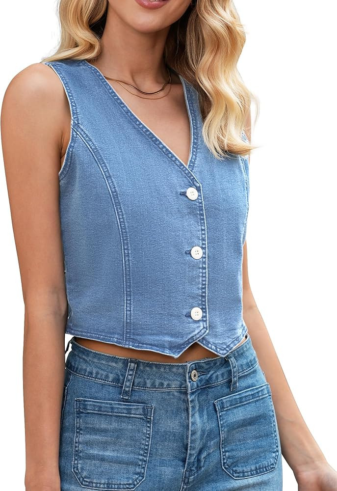 LookbookStore Denim Vest for Women Trendy Sleeveless Cropped Stretchy Jean Vests Top Summer Casua... | Amazon (US)