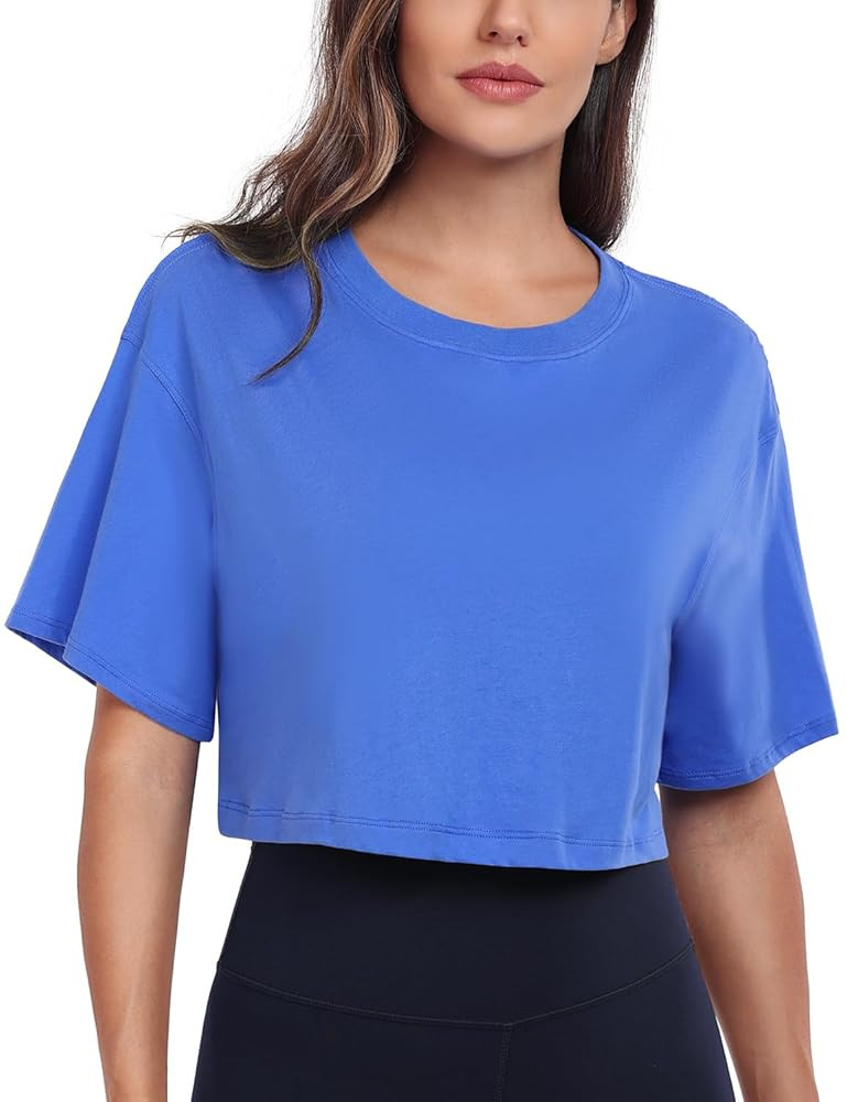 HeyNuts Pima Cotton Short Sleeve Workout Cropped Tops for Women Crew Neck Casual Basic Athletic C... | Amazon (US)