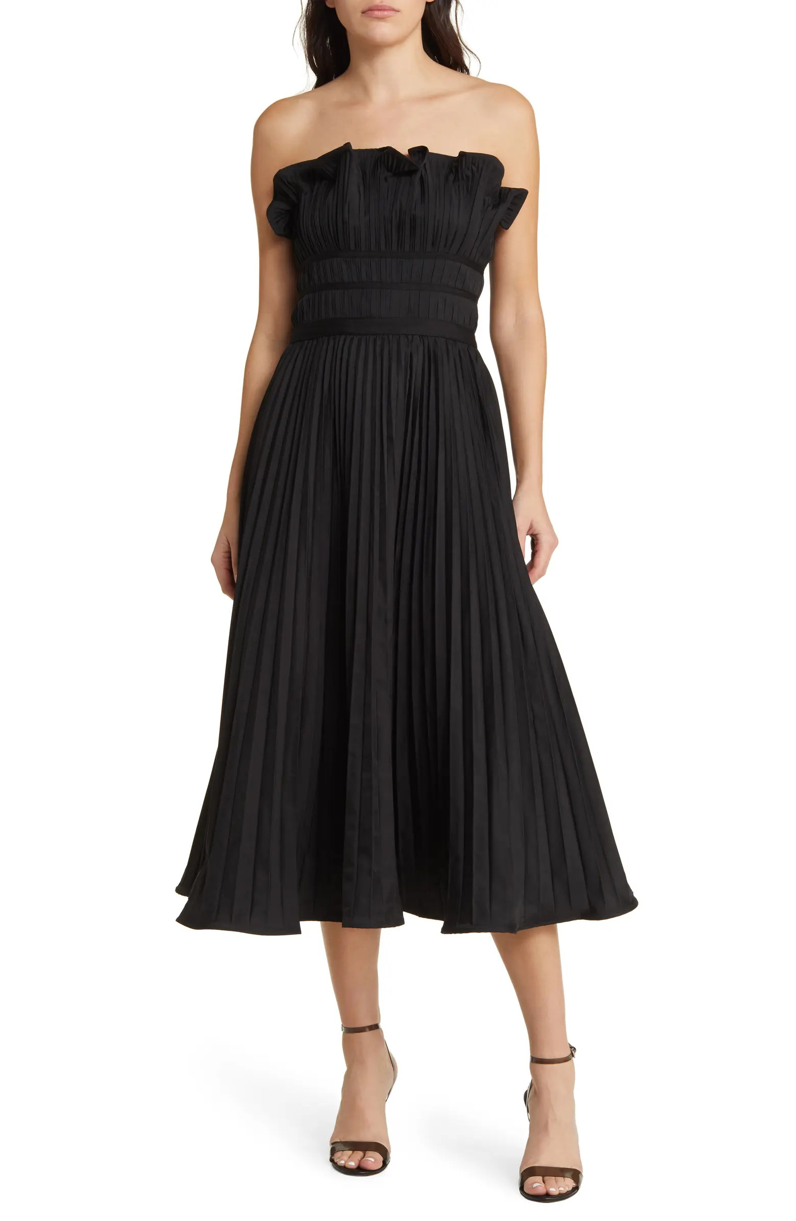 MOON RIVER Strapless Pleated Midi Dress | Nordstrom | Nordstrom