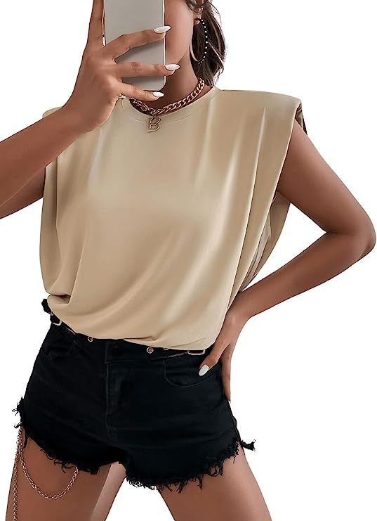 SweatyRocks Women's Women Loose Slim Tank Solid Sleeveless Vest Top Round Neck Shoulder Pad Solid... | Amazon (US)