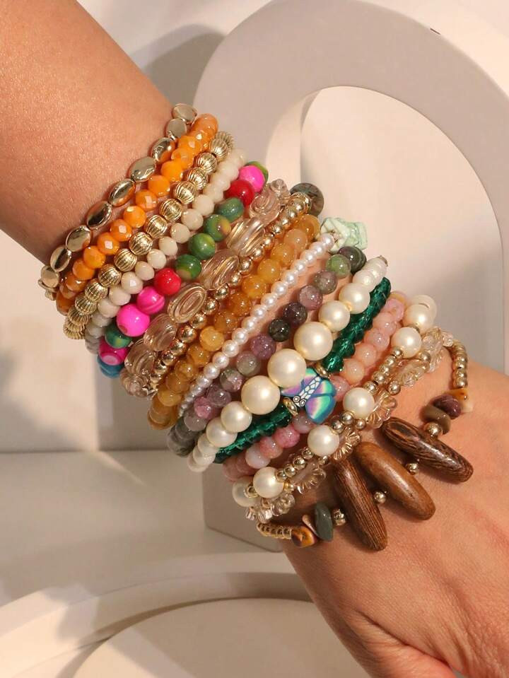 16pcs/Set Shell & Crystal Natural Stone Bracelet Set, Suitable For Women Holiday Beach And Daily Wear | SHEIN