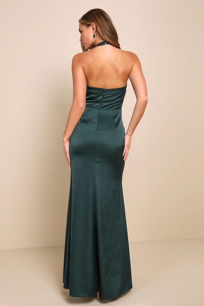 Exquisite Romance Forest Green Satin Pleated Halter Maxi Dress | Lulus