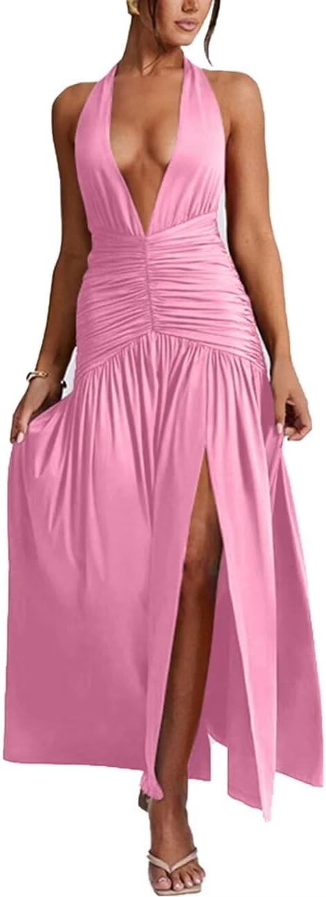 Ekaliy Women's Sexy Halter Deep V Neck Maxi Dress Sleeveless Backless High Slit Ruched Long Dress... | Amazon (US)