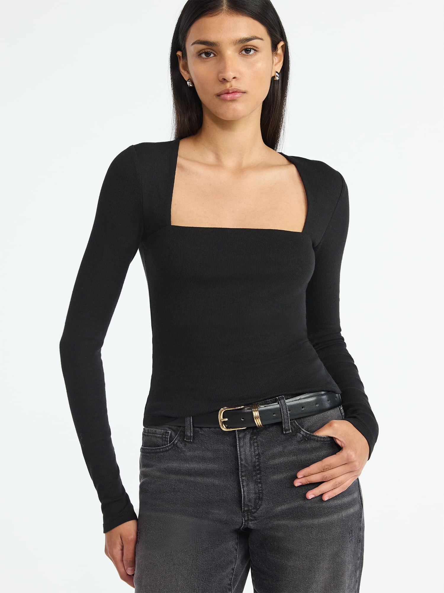 Scoop Women’s Ribbed Square Neck Top with Long Sleeves, Sizes XS-XXL | Walmart (US)