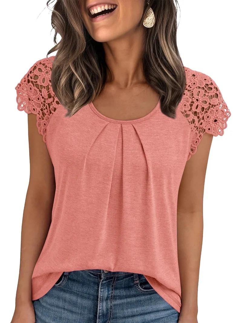 SUNBS Blouses for Women Lace Tops Pleated Short Sleeve Shirts Summer Business Casual Dressy Cloth... | Walmart (US)