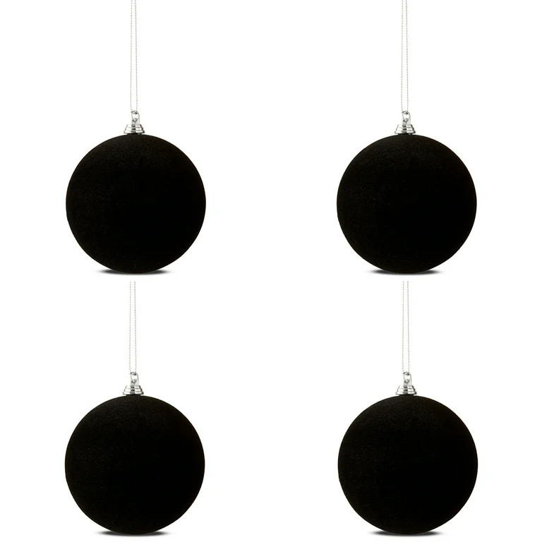 Black Flocked Ball Christmas Ornaments, 3.5", 4 Count, by Holiday Time | Walmart (US)