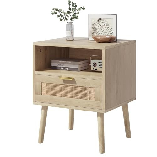 Algherohein 22" H Rattan Nightstand with 1 Drawer, Boho Nightstand with Open Shelf, Mid Century Modern Nightstand with Gold Handle, Oak | Amazon (US)