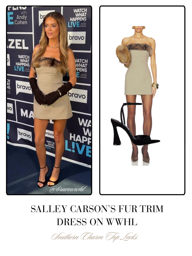 Salley Carson's Tan Strapless Fur Trim Dress on WWHL 📸= @bravowwhl 

 