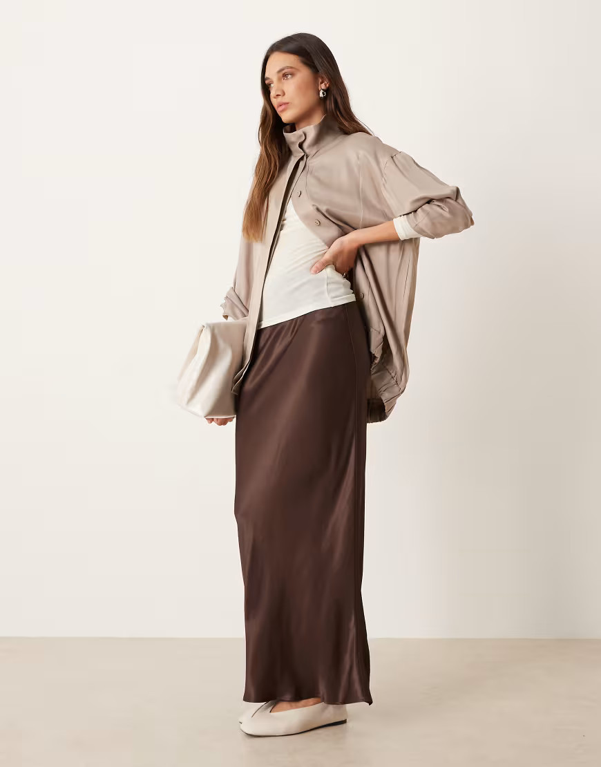 ASOS DESIGN satin bias maxi skirt in chocolate-Brown | ASOS (Global)