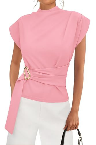 PRETTYGARDEN Women Blouses Spring Dressy Cap Sleeve Mock Neck Work Shirts Buckle Tunic Summer Business Casual Tops 2026(Pink,Small) | Amazon (US)