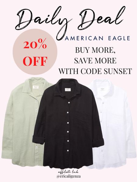 Daily deal from American Eagle 🫶🏻 oversized button down shirt - 20% off! AND buy more, save more with code SUNSET 

Button down shirt for summer // oversized shirt on sale // button down on sale // American Eagle fashion 

#LTKSaleAlert #LTKFindsUnder50 #LTKSeasonal