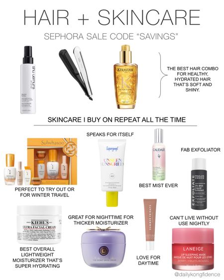 The best haircare and skincare products from Sephora that I constantly repurchase over and over again!  Read notes for more details but these are my tried and true!

Leave-in hair treatment, hair oil, best non damaging straight iron, serums, sunscreen, moisturizers, lip balms and exfoliator! #ltkunder25 #ltkunder50 #giftsforher #skincaregifts #beautygifts #giftideas



#LTKHoliday #LTKsalealert #LTKbeauty