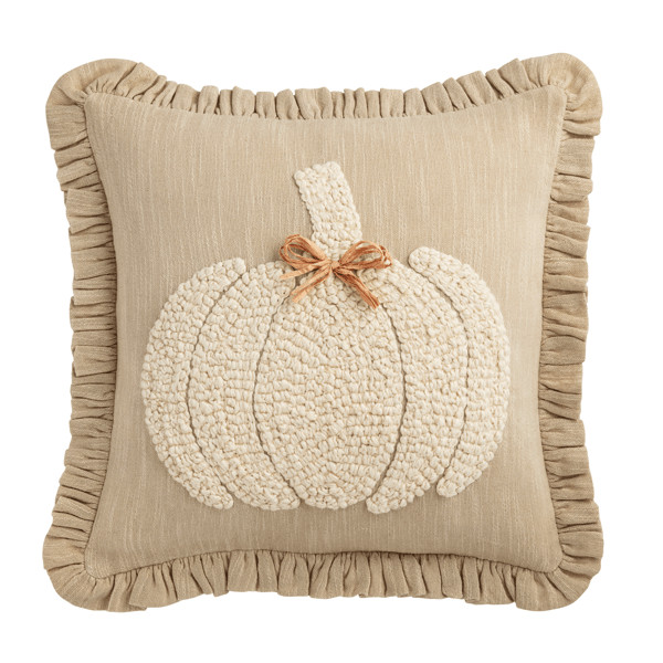 Square Embroidered White Pumpkin Pillow | Mud Pie